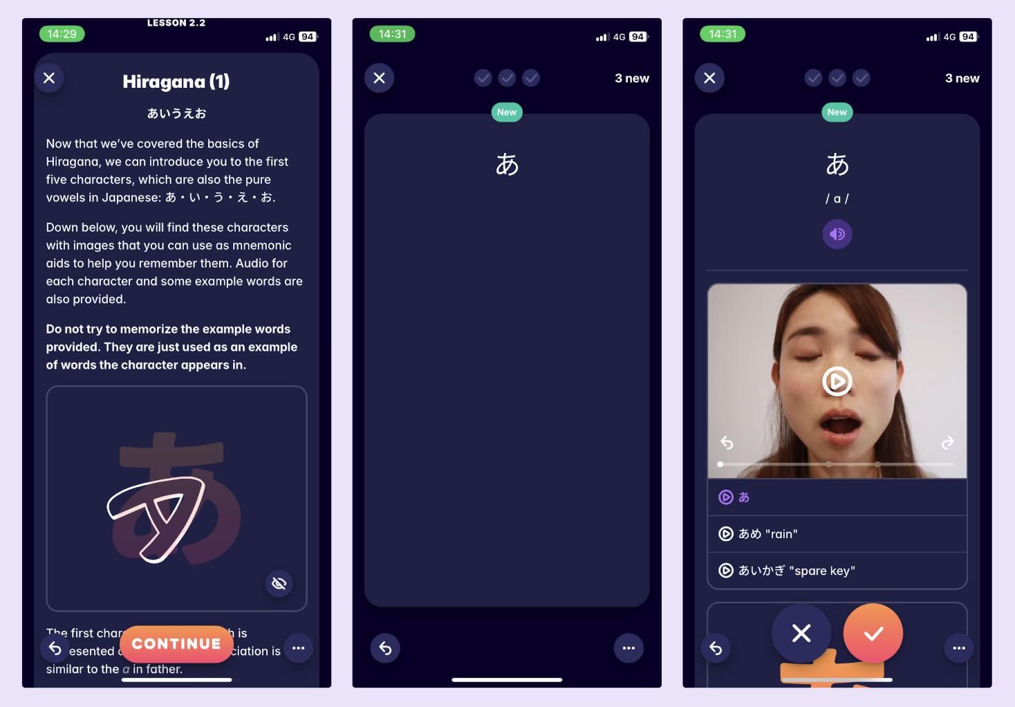 A few screenshots from Migaku's Japanese Fundamentals course.