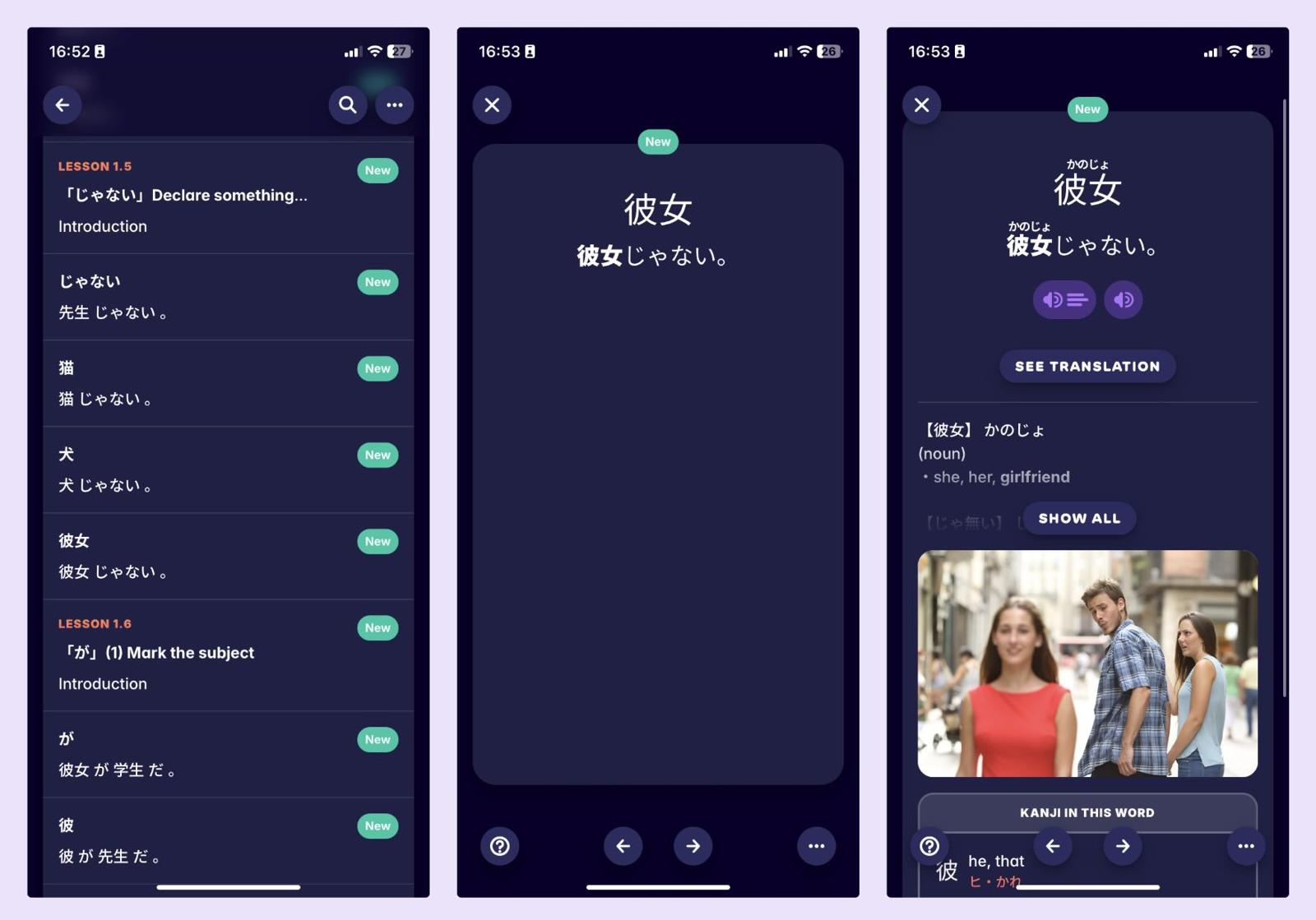 A screenshot showing how the Migaku Japanese Academy teaches vocabulary.