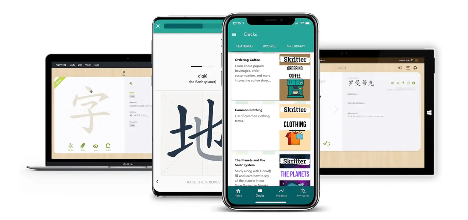 An excerpt from Skritter's landing page, showing the app and some of its functionalities.
