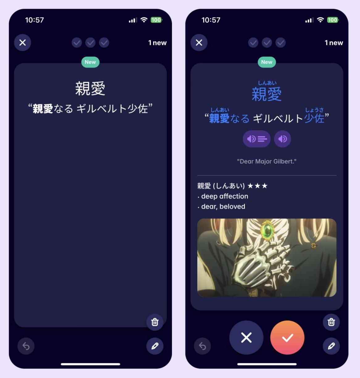 A screenshot showing the flashcards that Migaku automatically made from Violet Evergarden on Netflix