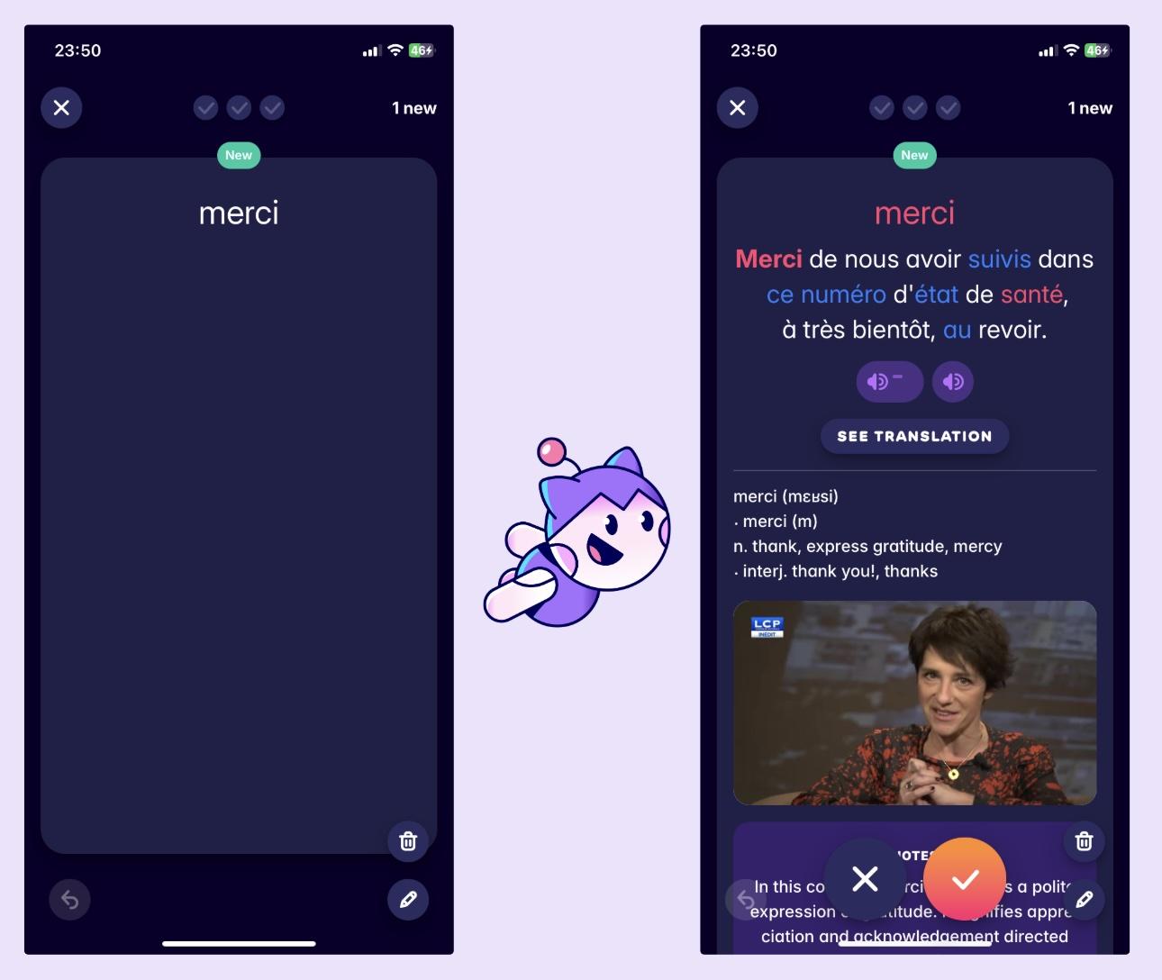 A French flashcard for 'merci', created by Migaku directly from a YouTube video on someone's phone